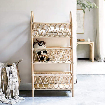 Boho Woven Rattan Bookcase 3-Tier Open Storage Display Shelving Wood in Natural-Bookcases & Bookshelves,Furniture,Office Furniture